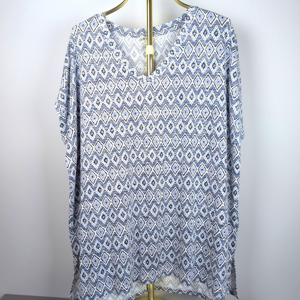 Orvis Womens XXL Tunic Top Blue White Geometric Diamond V-Neck High Low Hem